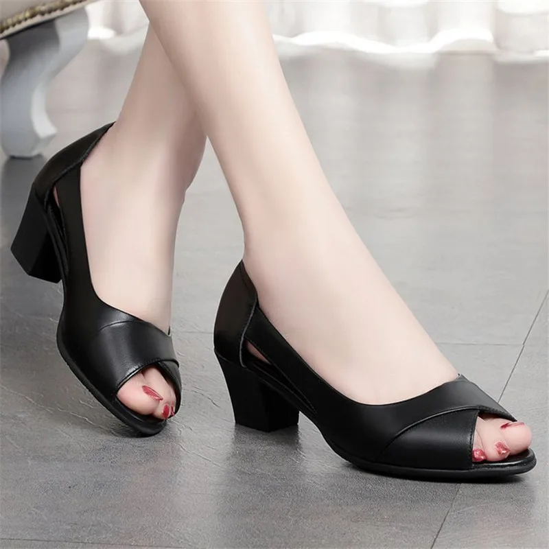 2023 Summer Women Dress Shoes Peep Toe scarpe da lavoro per ufficio décolleté con tacco spesso Open Toe sandali donna nero zapatos mujer