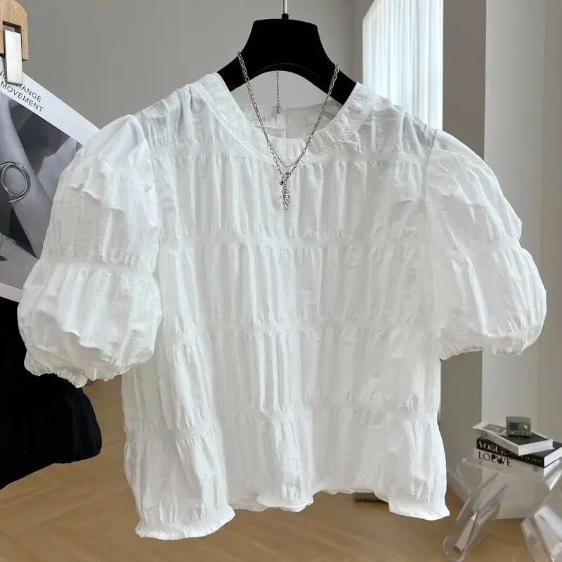 OCEANLOVE Blusas Feminina Solid  Puff Sleeve Pleated Short Sweet Women Blouses Vintage Korean Fashion Summer Shirts Elegant