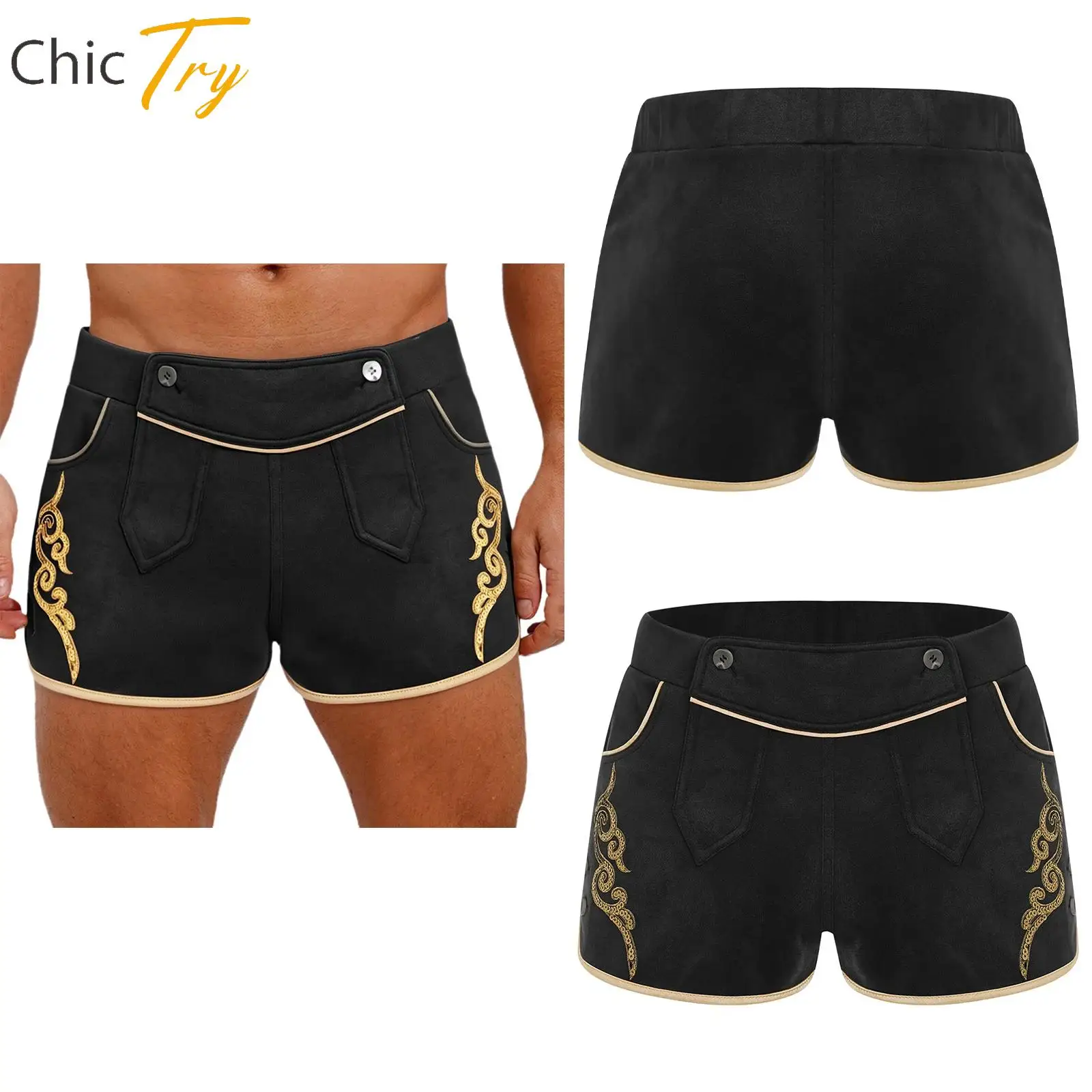 

Stylish New Men Festival Retro German Oktoberfest Wrestling Shorts Cosplay Costume Buttons Sequined Embroidery Faux Suede Shorts