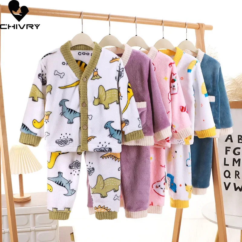 

New Autumn Winter Kids Thicken Warm Flannel Pajamas Baby Boys Girls Cartoon Dinosaur Long Sleeve V-neck Clothing Sets Pyjamas