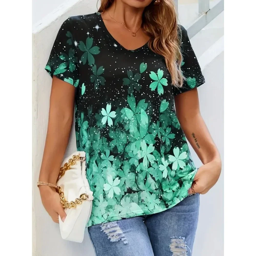 Plus Size 1XL-8XL Women Fashion Floral Print O Neck T Shirt Ladies Casual Short Sleeve Loose T Shirt Tops