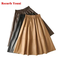 Leather Casual Skirt For Women Harajuku Lazy Style A-line Pockets Pleated Calf Long Jupe Femme Elastic Waist Beige Ropa Coreana