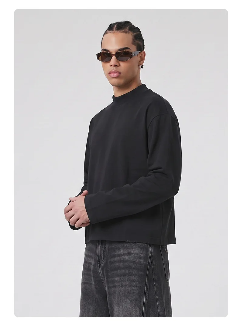 Personalized LOGO custom 350G cotton men's BOXY short and wide half-high neck long-sleeved hem burr sweater