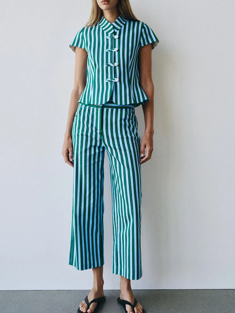 New 2026 Women's Fashion Narrow Waist Wide Leg Pants Rope Buckle Short Sleeve Stand Collar Traditional Chinese Style Top