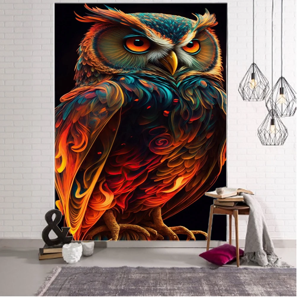 Beautiful owl background decoration tapestry painting, colorful owl home background wall decoration