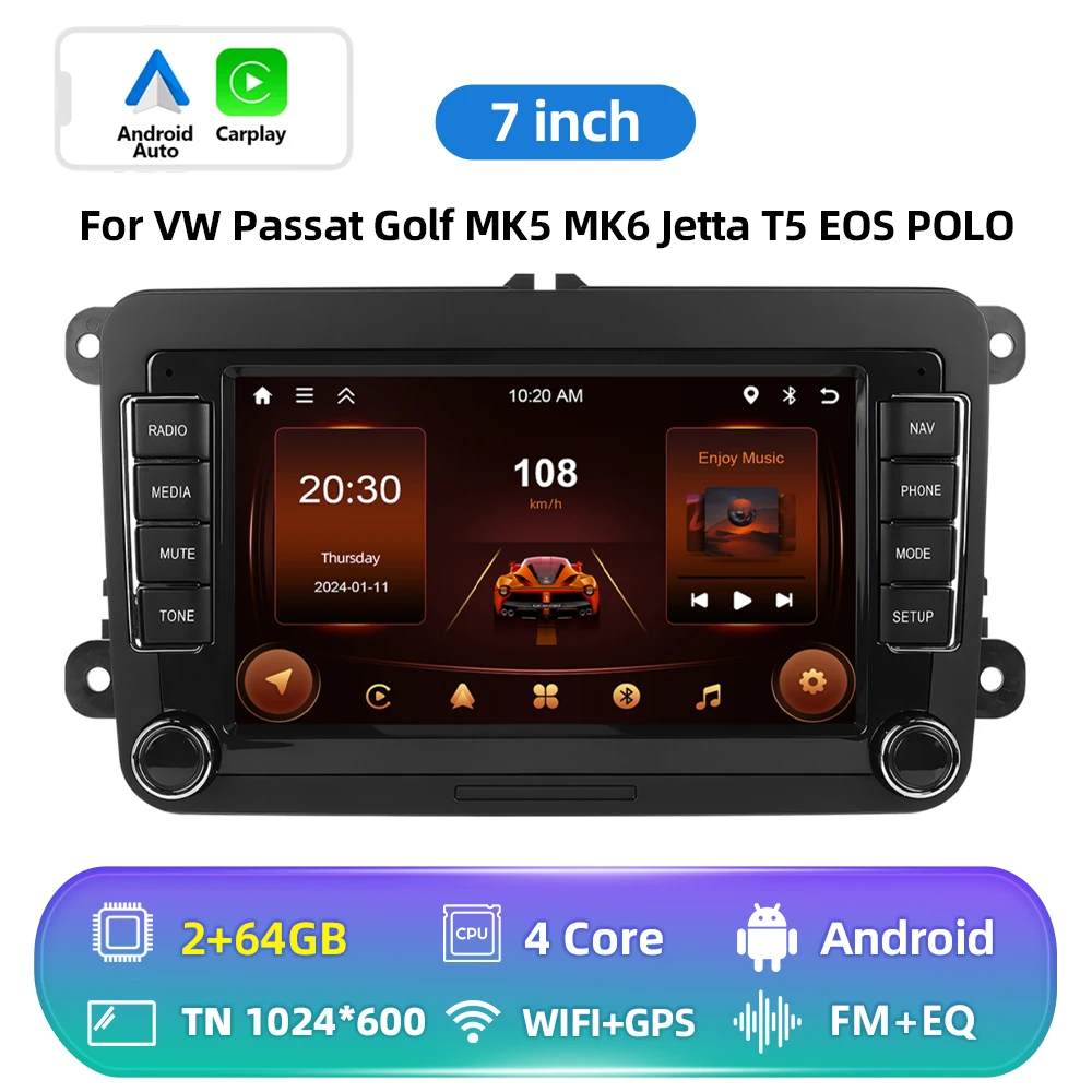 Podofo 6+128G Android 2Din autoradio met Carplay, Android Auto, GPS, FM-ontvanger, AI-stem, DSP voor VW, Seat, Skoda, PASSAT, GOLF