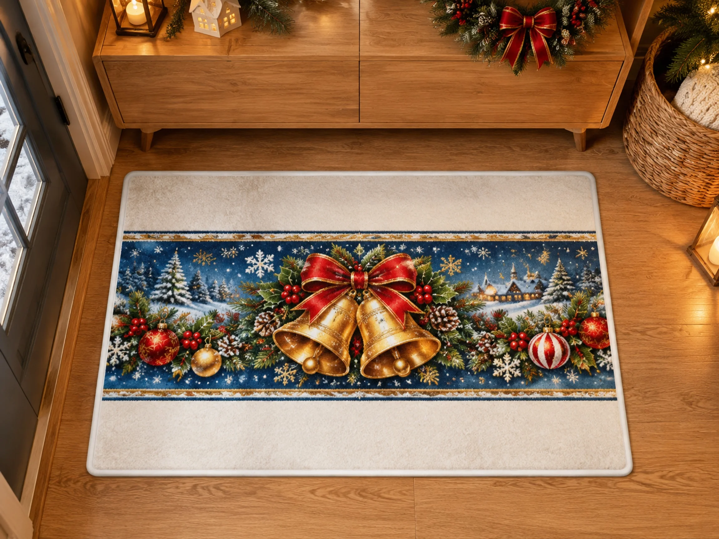VIKAMA Christmas Blue Silver Bell Flannel Door Mat, Washable Quick Dry Xmas Mat, Xmas Decor for Front Porch, Mudroom, Farmhouse
