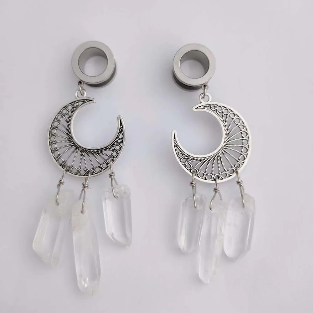 2pieces Natural Stone Earring Ear Piercing Stainless Steel Ear Tunnel Plug Cresent Moon Ear Expansions Ear Reamer Ear Dilations