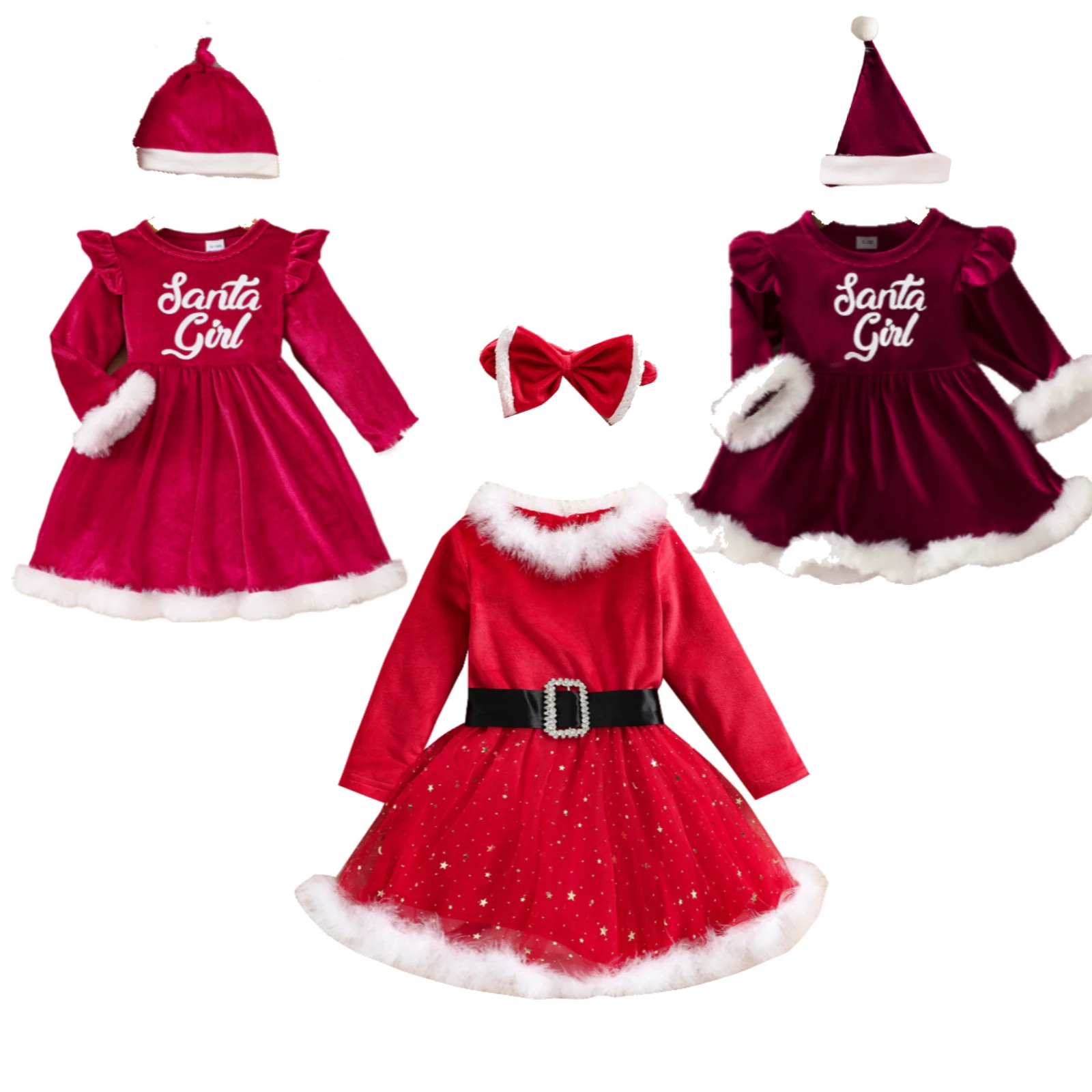 

Baby Girls Christmas Dress Santa Claus Fluffy Red Long Sleeve Mrs. Claus Cosplay Costume Long Sleeve Flannel Xmas Party Dress