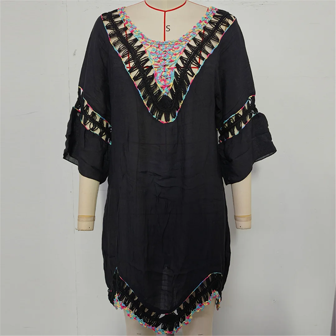 Buntes, halbärmeliges, rückenfreies, gehäkeltes, gestricktes Tunika-Strandkleid, Strandmode, Damen-Strandkleid, Strand-Cover-up, Damen-Cover-ups V7537 – Detail 15