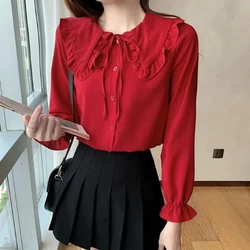 Japanese Style Sweet Autumn Women Solid Ruffles Bow Lacing Single Breasted Fashion Preppy Style Loose Long Sleeve Shirts Tops