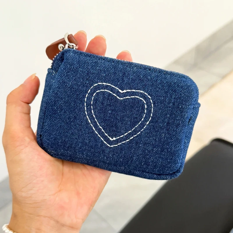 Denim Heart Mini Zipper Pouch, Cute Coin Purse for Lipstick Earphones Cards, Portable Small Storage Bag Vintage Clutch for Women
