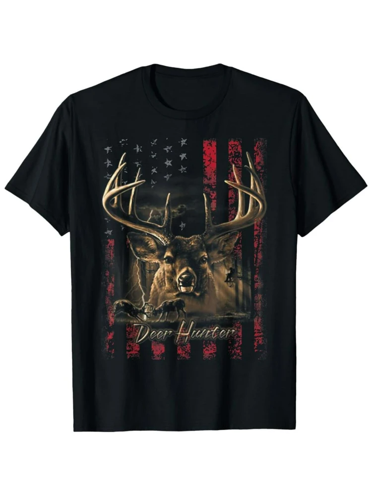 

I LOVE USA Американский флаг и Охотник за оленями. Летняя мужская футболка из 100% хлопка с круглым вырезом и короткими рукавами.