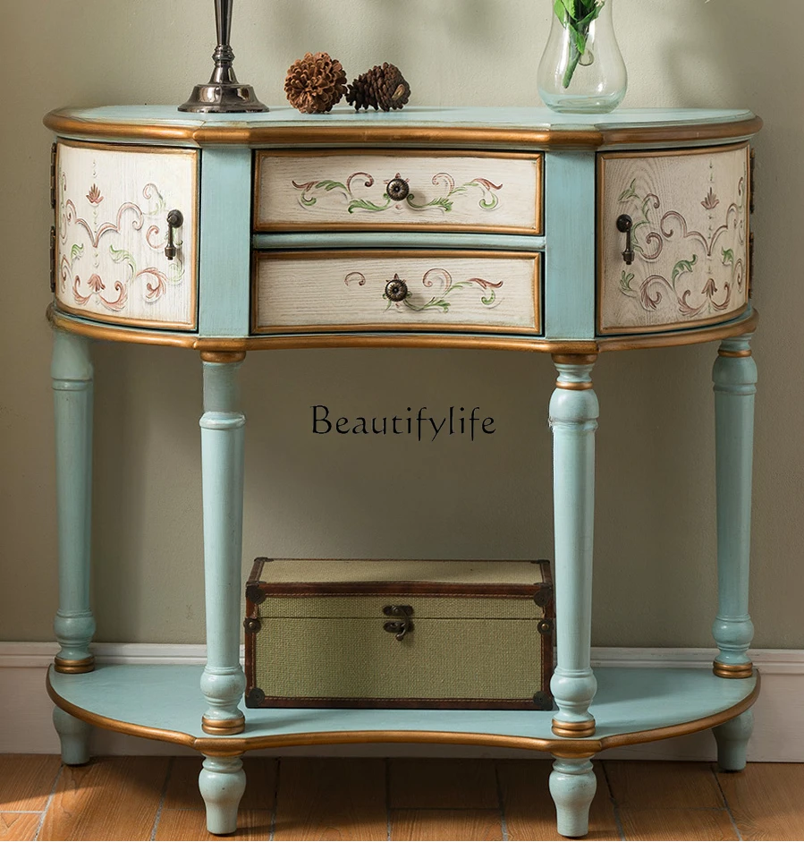 

American Console Tables Semicircle Solid Wood Vintage Painted Console European Entry Corridor Aisle Wall Arc Desk