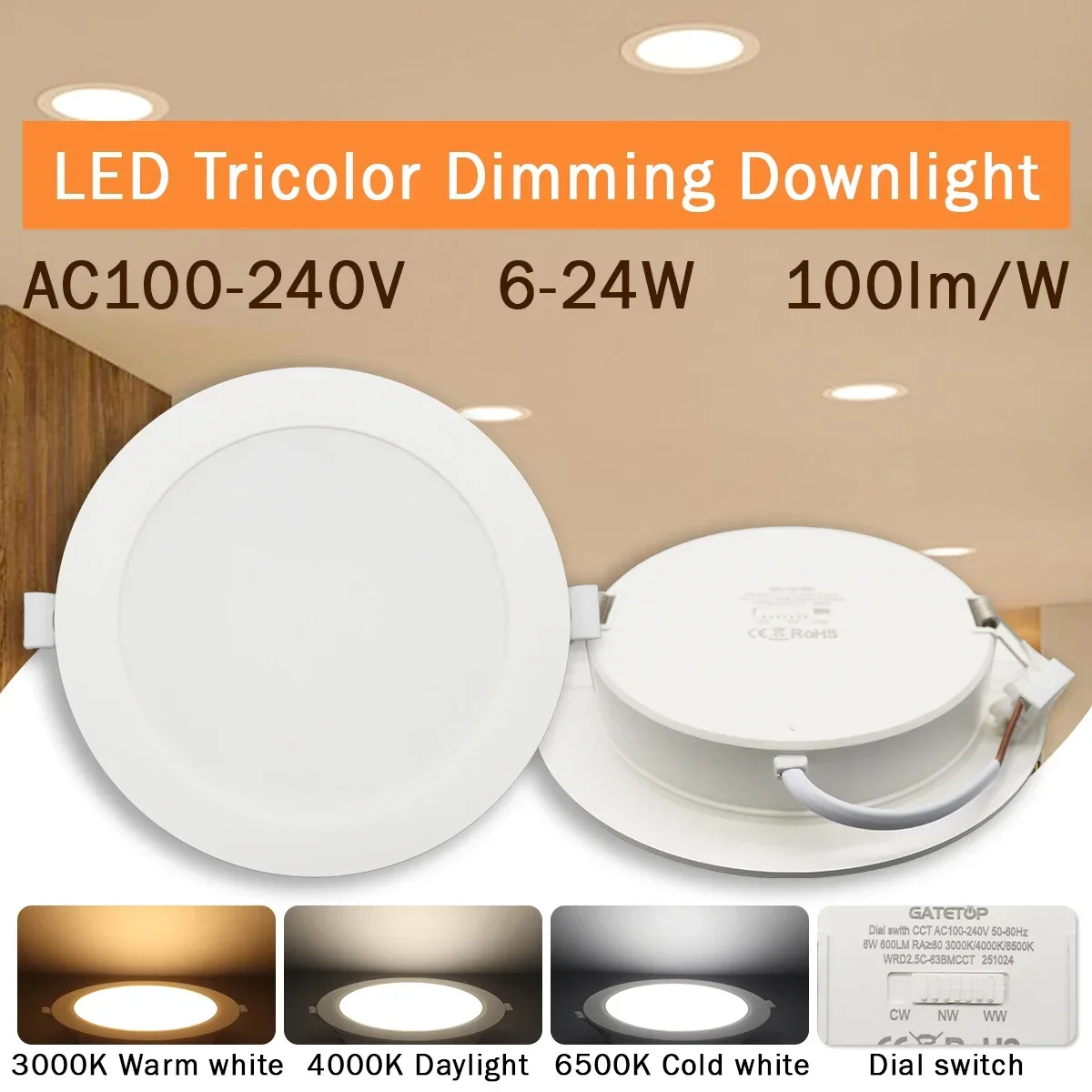 6pcs Color Adjusted LED Downlight AC100-240V Dial Swich CCT 3000K/4000K/6500K Ceiling Light 6W-24W Recessed Indoor Lighting