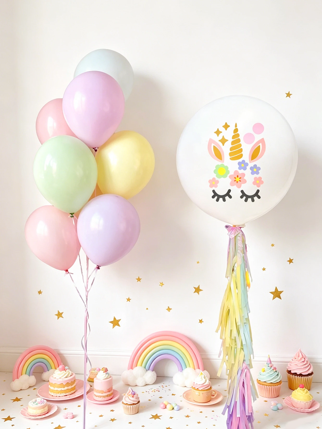 22 Macaron Unicorn Rainbow Birthday Balloons, including macaron latex balloons and unicorn stickers. Suitable for rainbow unicor