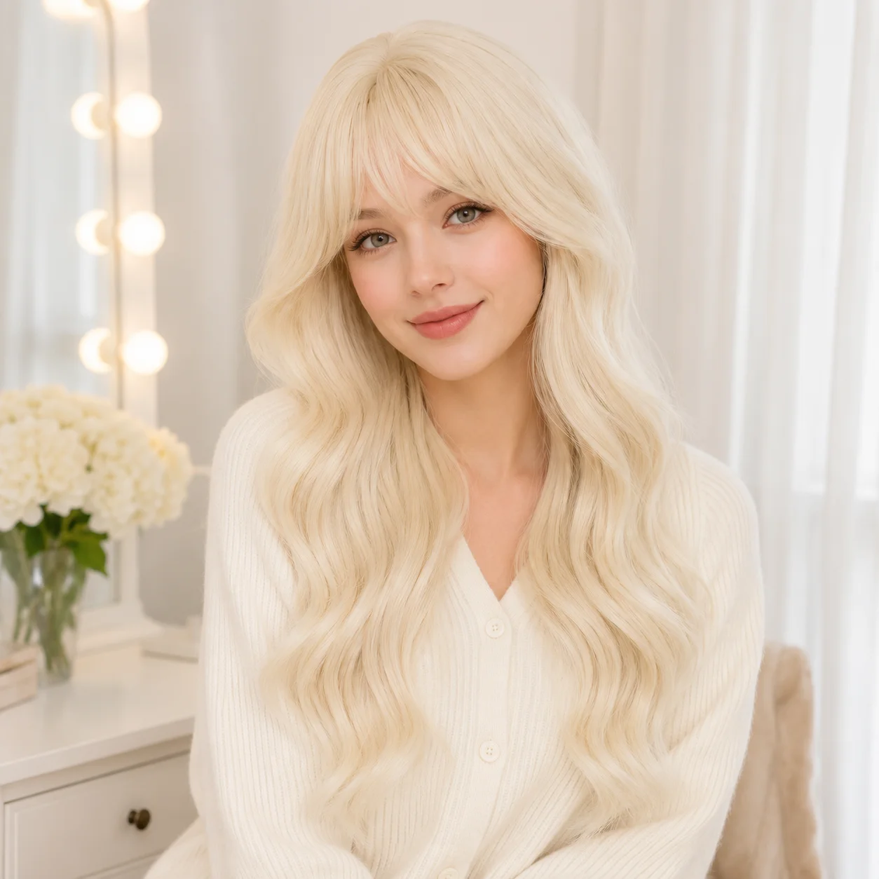 Long Wavy Synthetic Wig with Airy Curtain Bangs, Creamy Platinum Blonde, Smooth Heat-Resistant Fiber, Elegant Style