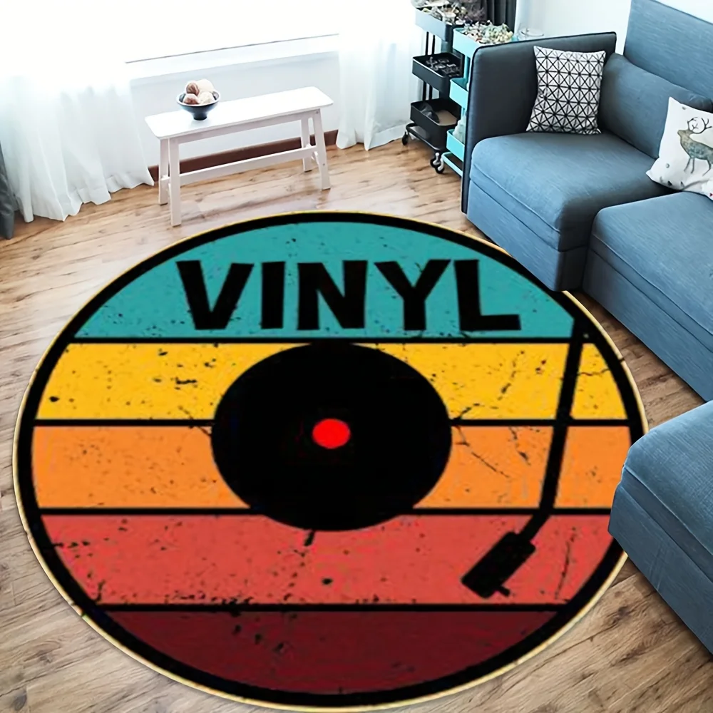 Vibrant Black Vinyl Record Round Area Rug - 2D Printed Non-Slip Floor Mat for Living Room & Bedroom Decor, 1PC