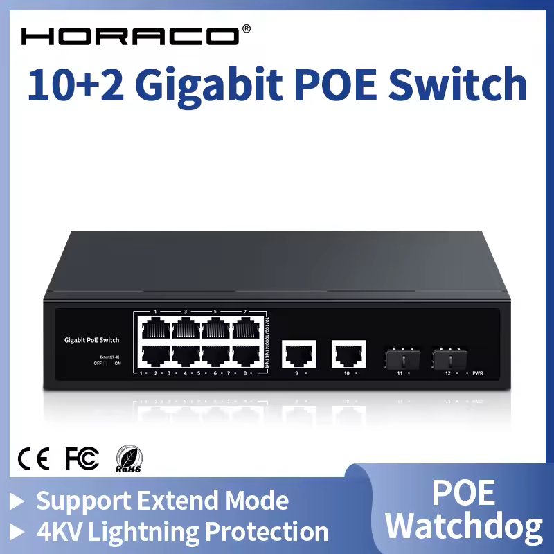 HORACO 12 Port Gigabit POE Switch 2 Port 1000M Uplink Network Switcher 120W Hub Internet Splitter for IP Camera,Surveillance,NVR