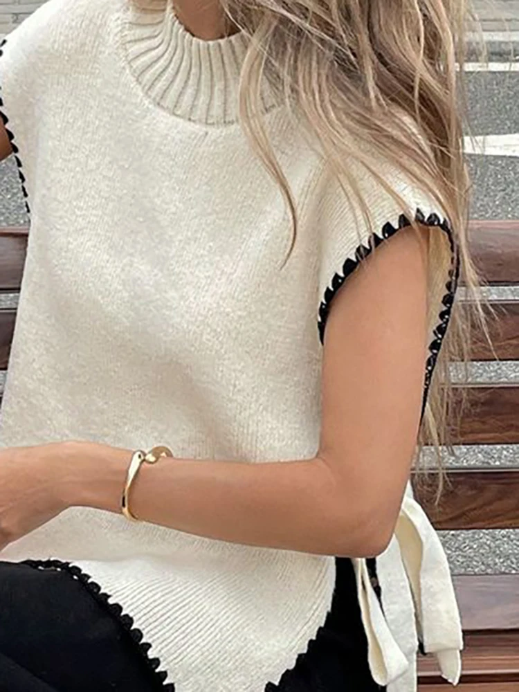 

Women Casual Sleeveless Clashing Color Sweater Blouse Elegant Bow Tie Knitted Pullover Fashion O-neck Simple Design Vest Tops