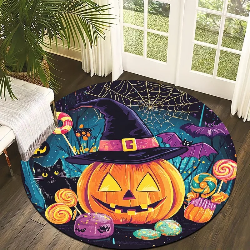 Festive Halloween Night Round Rug Jack‑O‑Lantern Maple Leaf Glowing Firefly Printed Circular Floor Mat for Living Room Bedroom