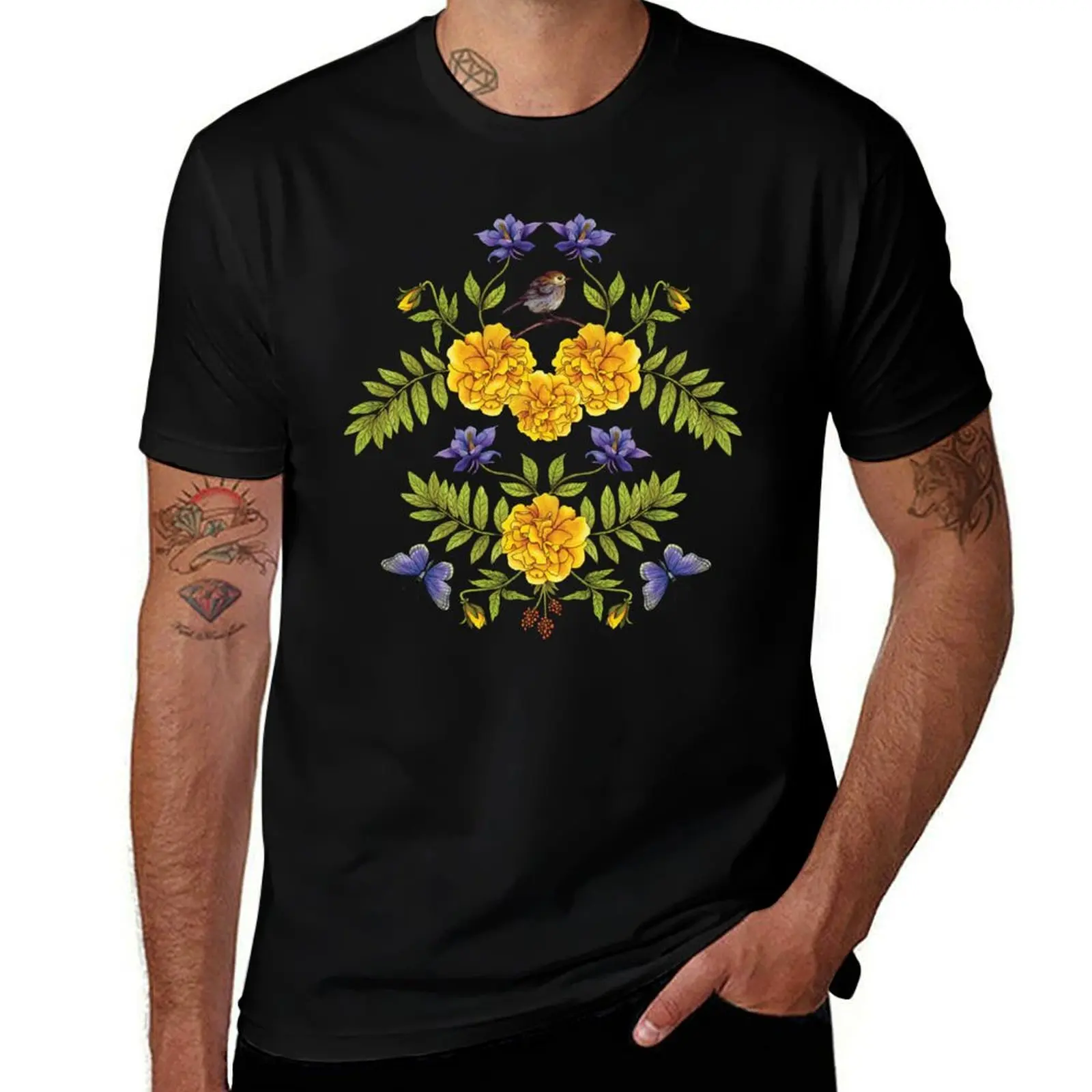 Birds, Butterflies & Flowers in Yellow, Purple, Navy, Green & Orange T-Shirt graphic shirts tee shirts for men