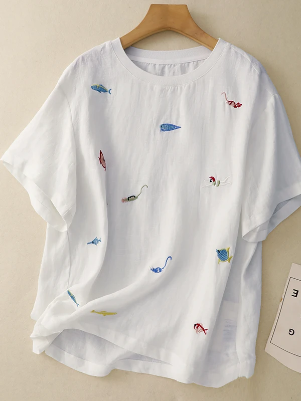 

Ladies' Heavy Embroidery Cotton Linen Short Sleeve T-Shirt Loose Fit Summer Fashion Slimming Casual Style round Neck Top