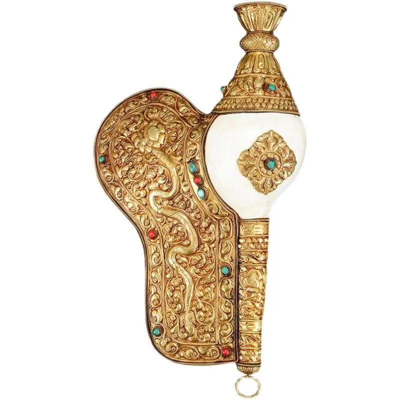 Fully gilt-clad copper conch hand-inlaid gemstone handicraft can be played ornament
