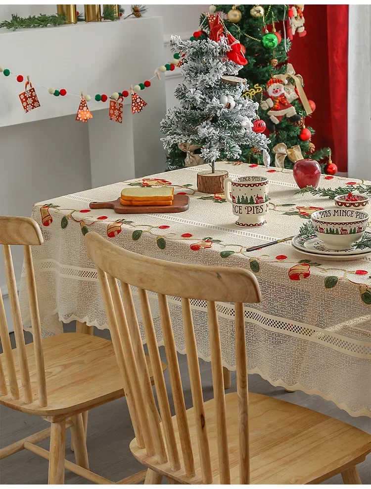 Lace Christmas Embroidered Tablecloth Bells Party Dining Kitchen Table Rectangle Beautifying Decorative Table Cover