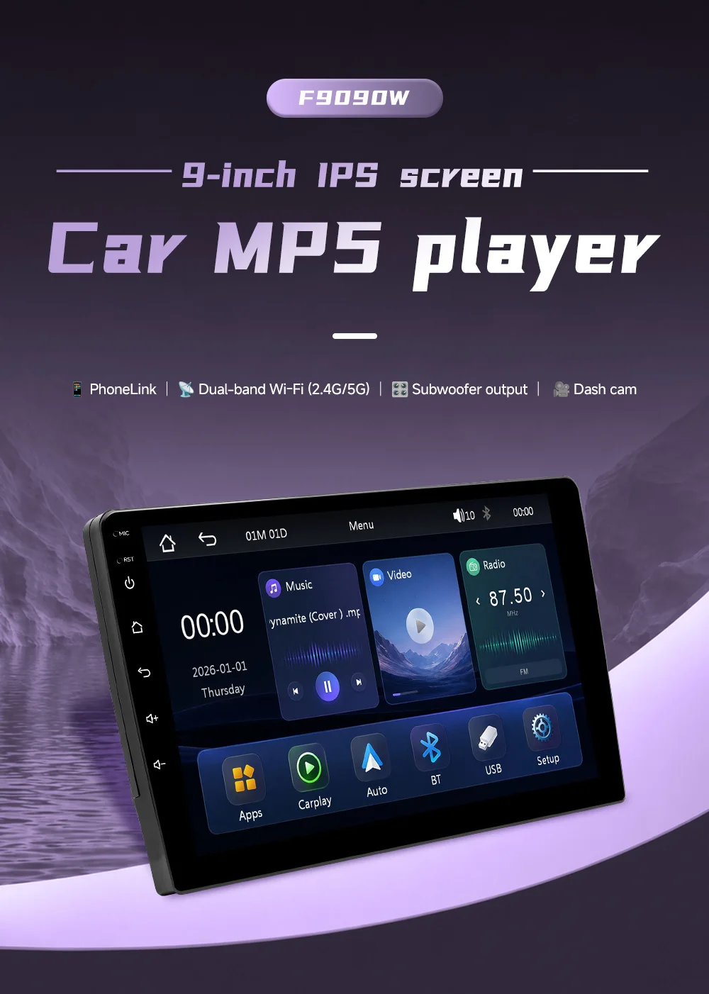 BQCC 2 Din 9 Zoll Universal MP5 Autoradio FM AM RDS Mirror Link Bluetooth Kabelgebunden Kabellos CarPlay Android Auto Multimedia-Player – Detail 5