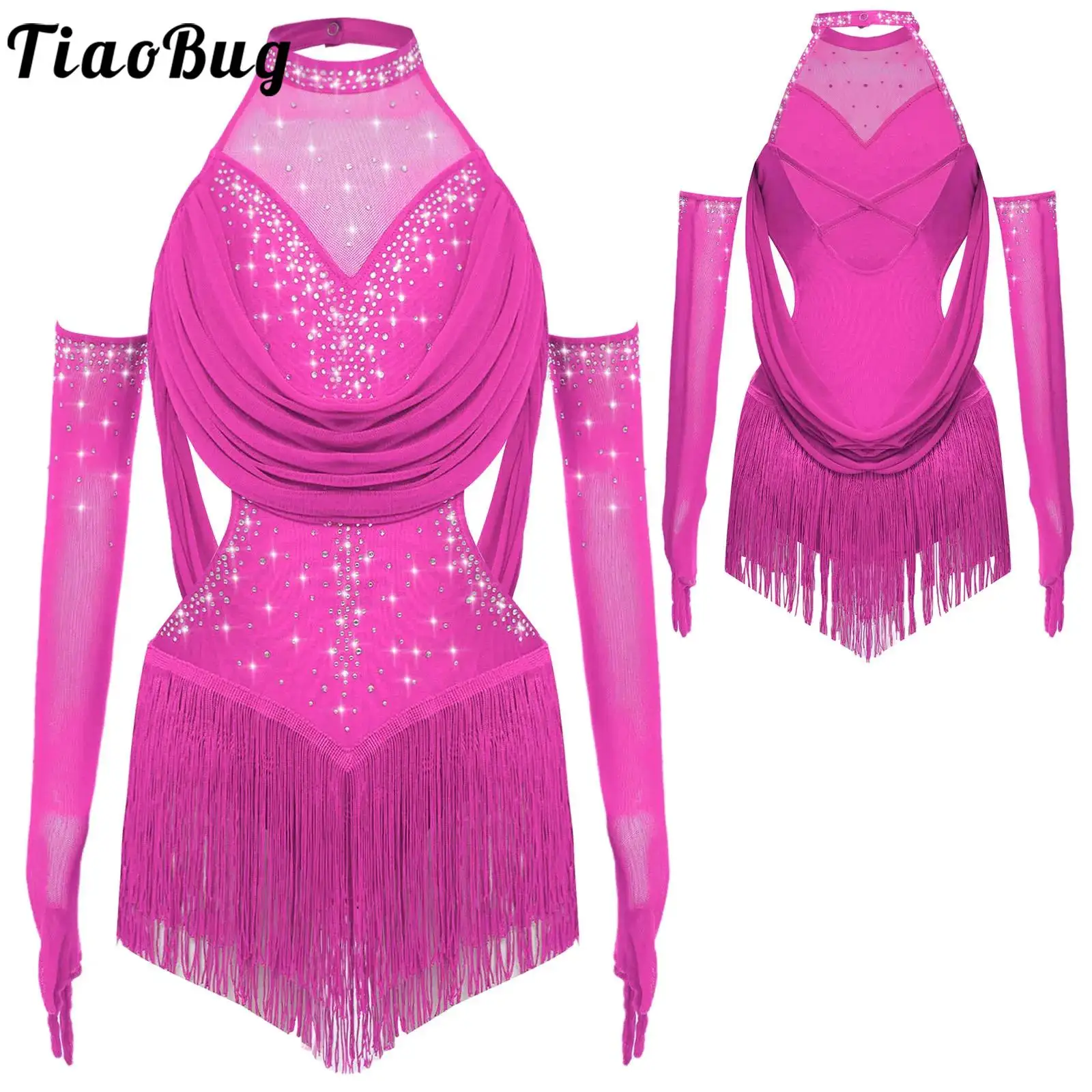 

Girls Latin Jazz Dance Costume Ruched Mesh Drapes Cutout Leotard with Tassel Skirts and 1 Pair Mesh Gloves Salsa Rumba Samba Set