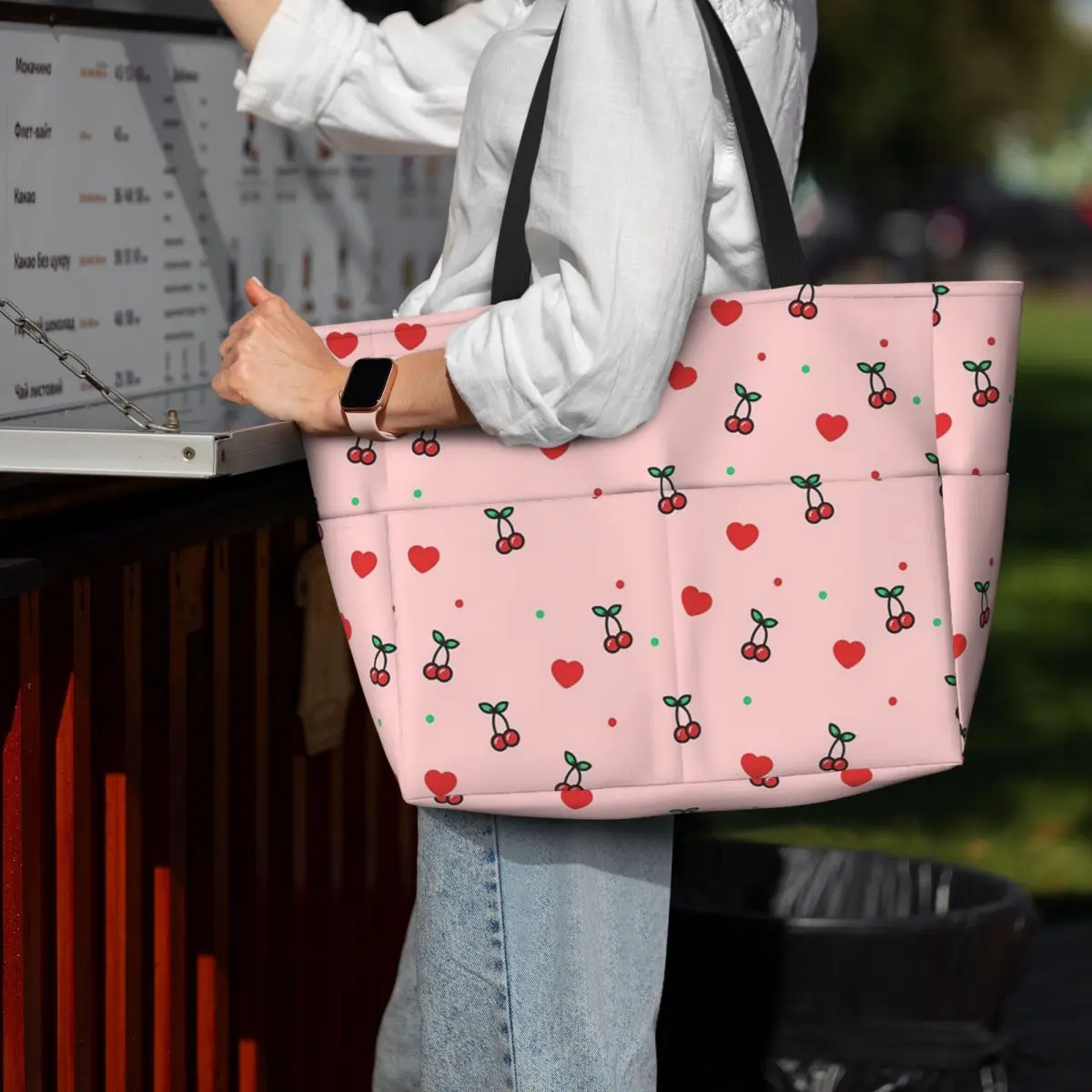 

Cherry Heart Design Pattern Pink Background Beach Tote Bag Sport Gym Yoga Duffle Large Tote Bag Women Travel Bag Fitness bag