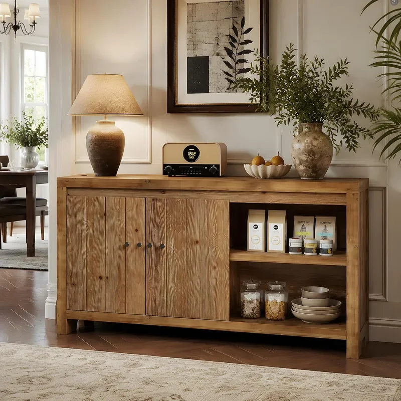 Farmhouse Buffet Sideboard 55 Inch Solid Wood Buffet Storage Cabinet with Customizable Internal Shelves Open Storage for