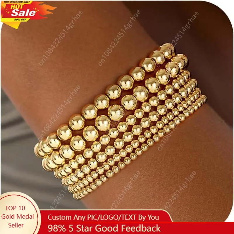 

Gold Bracelets for Women, 14K Gold Plated Beaded Bracelets Gold Strand Bead Ball Bracelet Stack Set Adjustable Bracelet Set Wate