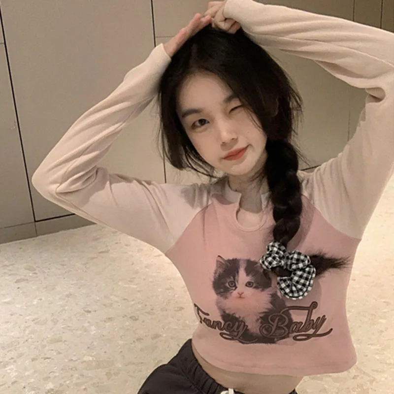 Y2K-女性用パッチワークトップス,かわいい猫のプリントブラウス,女性用長袖カジュアルTシャツ,ピンクの原宿風Tシャツ