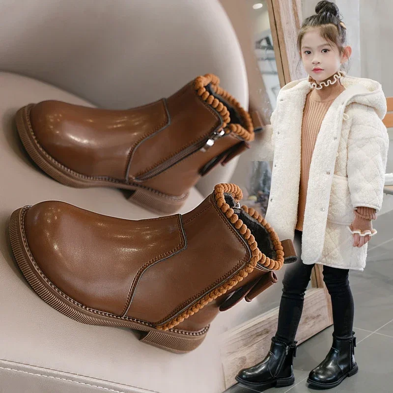 Girls' Short Boots Round Head Anti Slip Children Ankle Boots with Sweet Bow 2024 New Girls' Chelsea Leather Boots with Side Zip