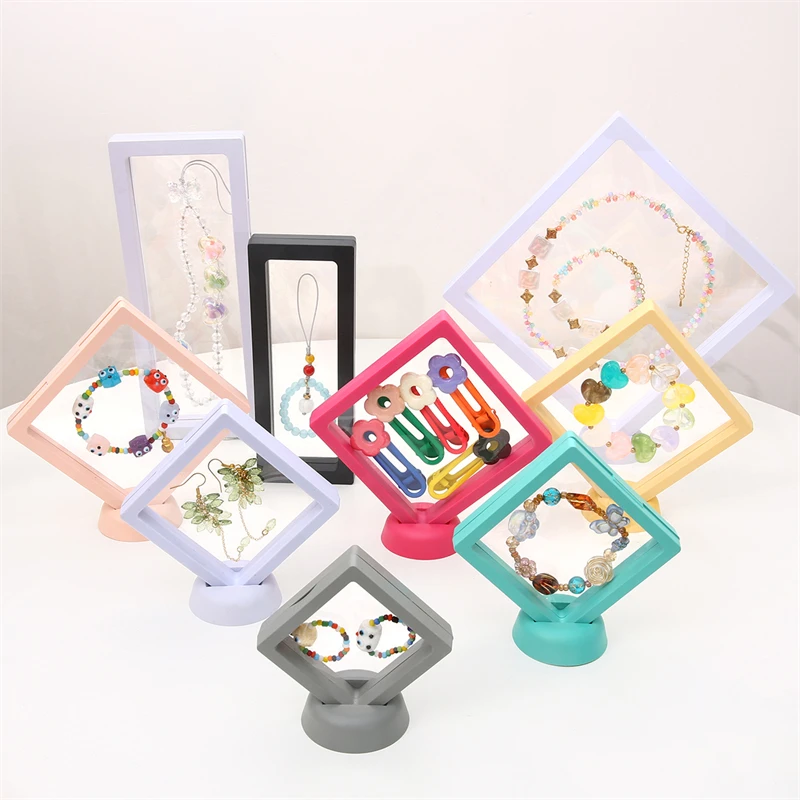 PE Film Colorful Jewelry Storage Box 3D Packaging Case Gemstone Free Stand Floating Frame Membrane Ring Earring Bracelet Display