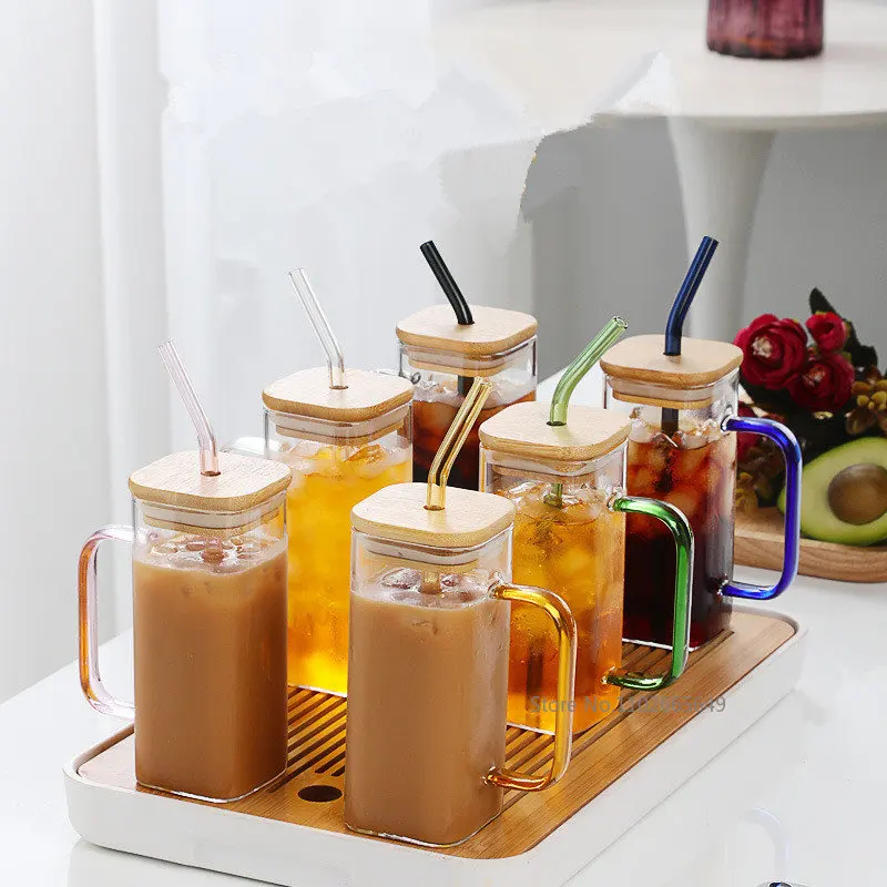 

Square Mug with Lids and Straws, Colored Handle, Drinking Glass Cups, Soda Iced Coffee Milk Bubble Tea Water, 350 ml, 600ml