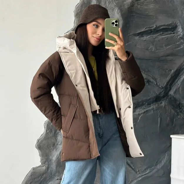 Contrasting color fake two-piece stand-up collar hooded cotton clothes winter new models