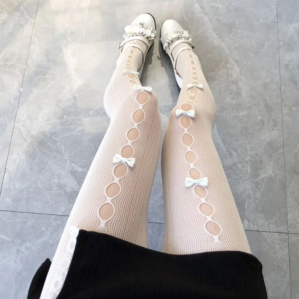 Calcetines de Cosplay de Lolita blancos, medias de malla con lazo, calados de encaje, medias florales góticas