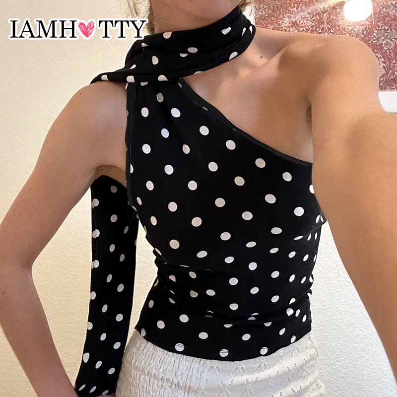 

IAMHOTTY Polka Dot Off-shoulder Tank Top with Halter Scarf Sexy Asymmetrical Camiso Coquette Aesthetic Sleeveless Tops Y2K Vest