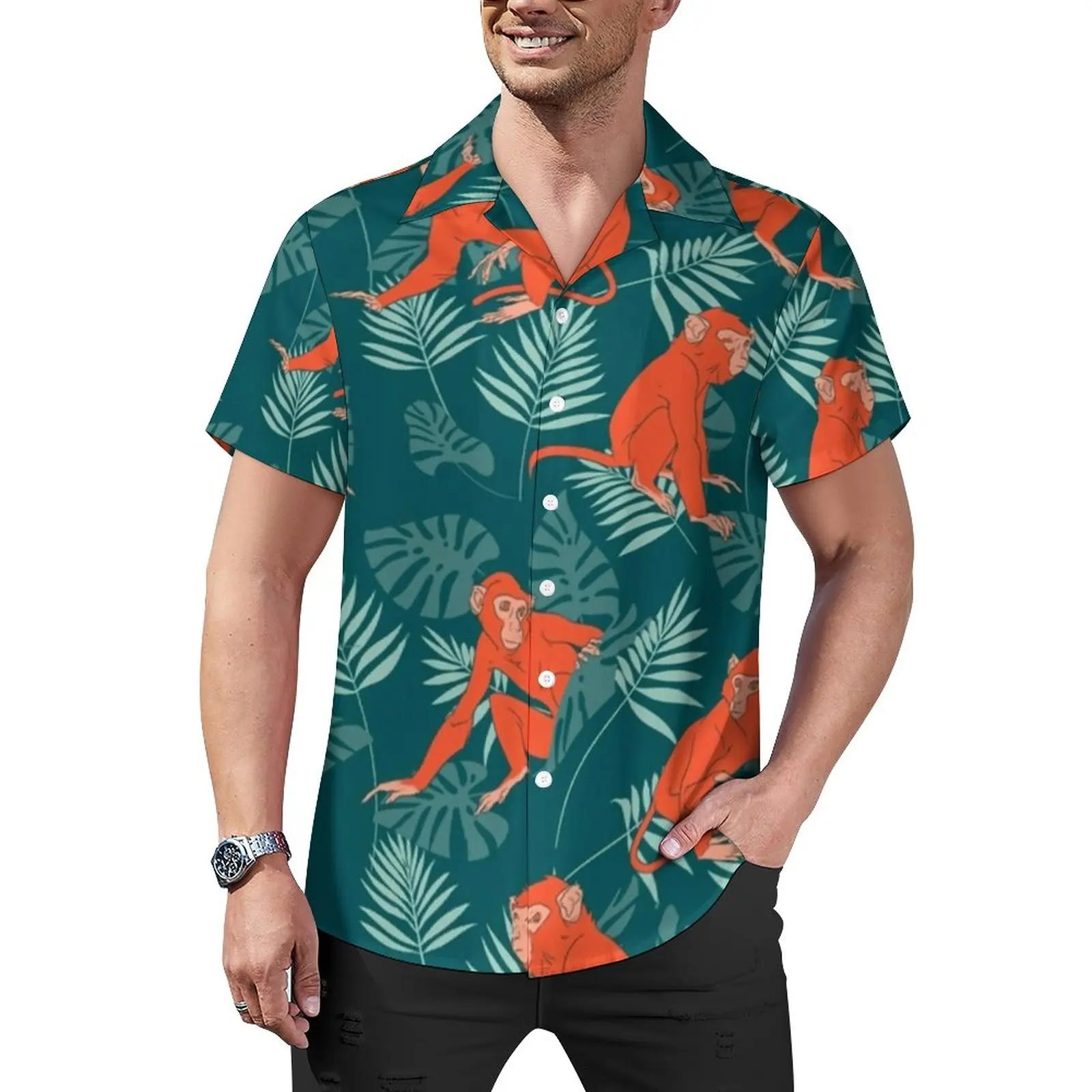 

Monkey Forest Blouses Men Green Leaves Print Casual Shirts Hawaiian Short Sleeve Pattern Streetwear Oversize Vacation Shirt Gift