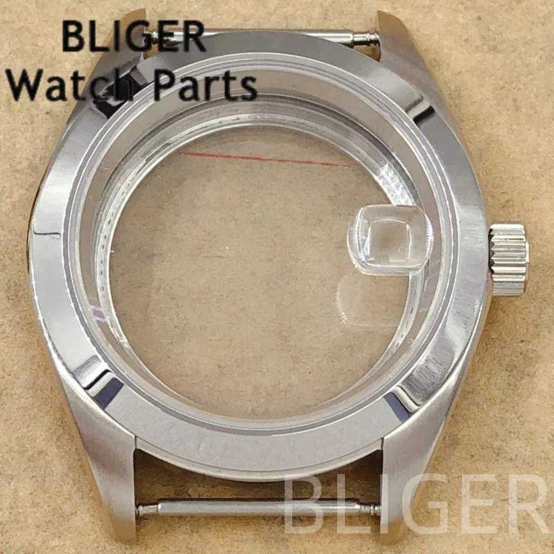 BLIGER 38mm Silver Polished Watch Case Big Crown/Small Crown Sapphire Glass Fit NH35 NH36 ETA2824 PT5000 Mingzhu Miyota Movement