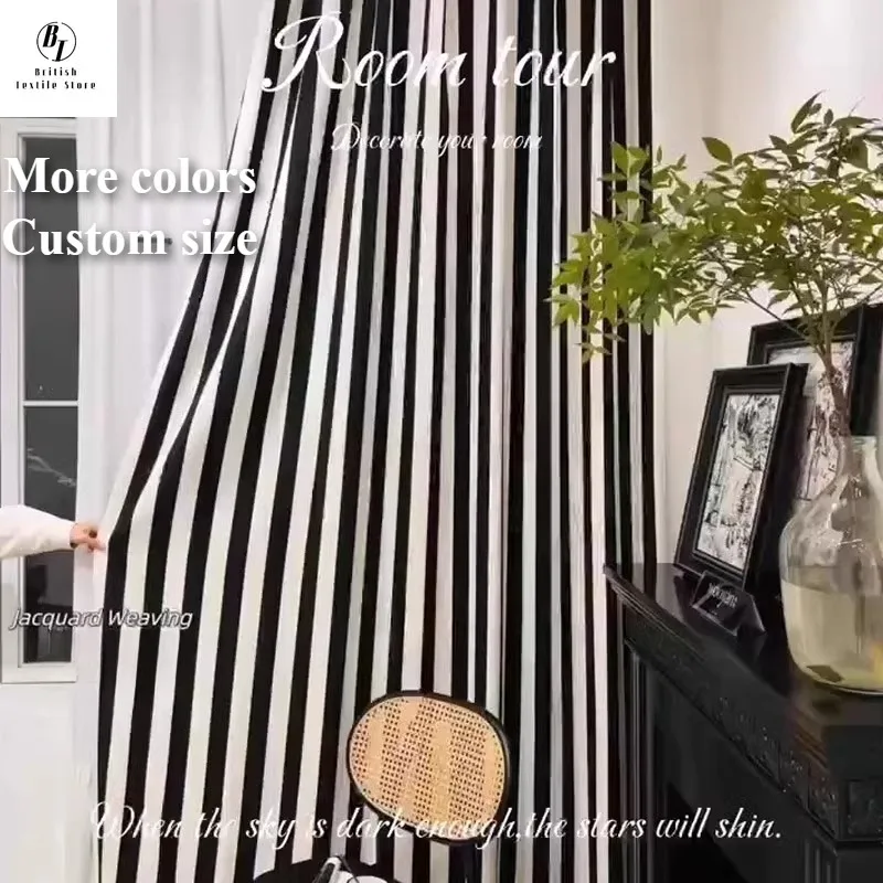 

Black and White Stripe Partition Door Chenille Jacquard Curtains for Living Room Bedroom Dining Blackout Custom Size White Tulle