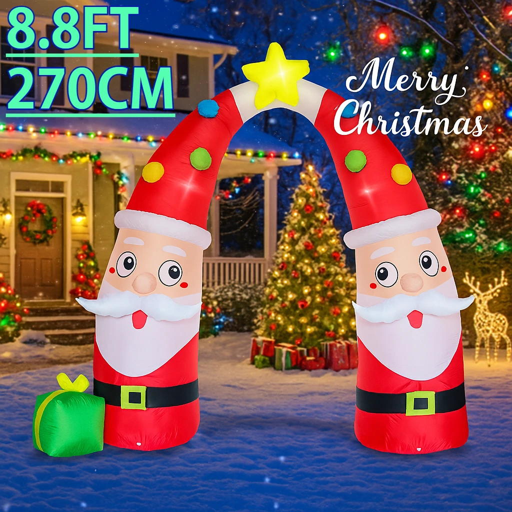 

8.8FT Xmas Yard Decor Inflatable Christmas Santa Archway Decoration LED Star Toy Boxes Double Santa Design Home Ornament Gifts