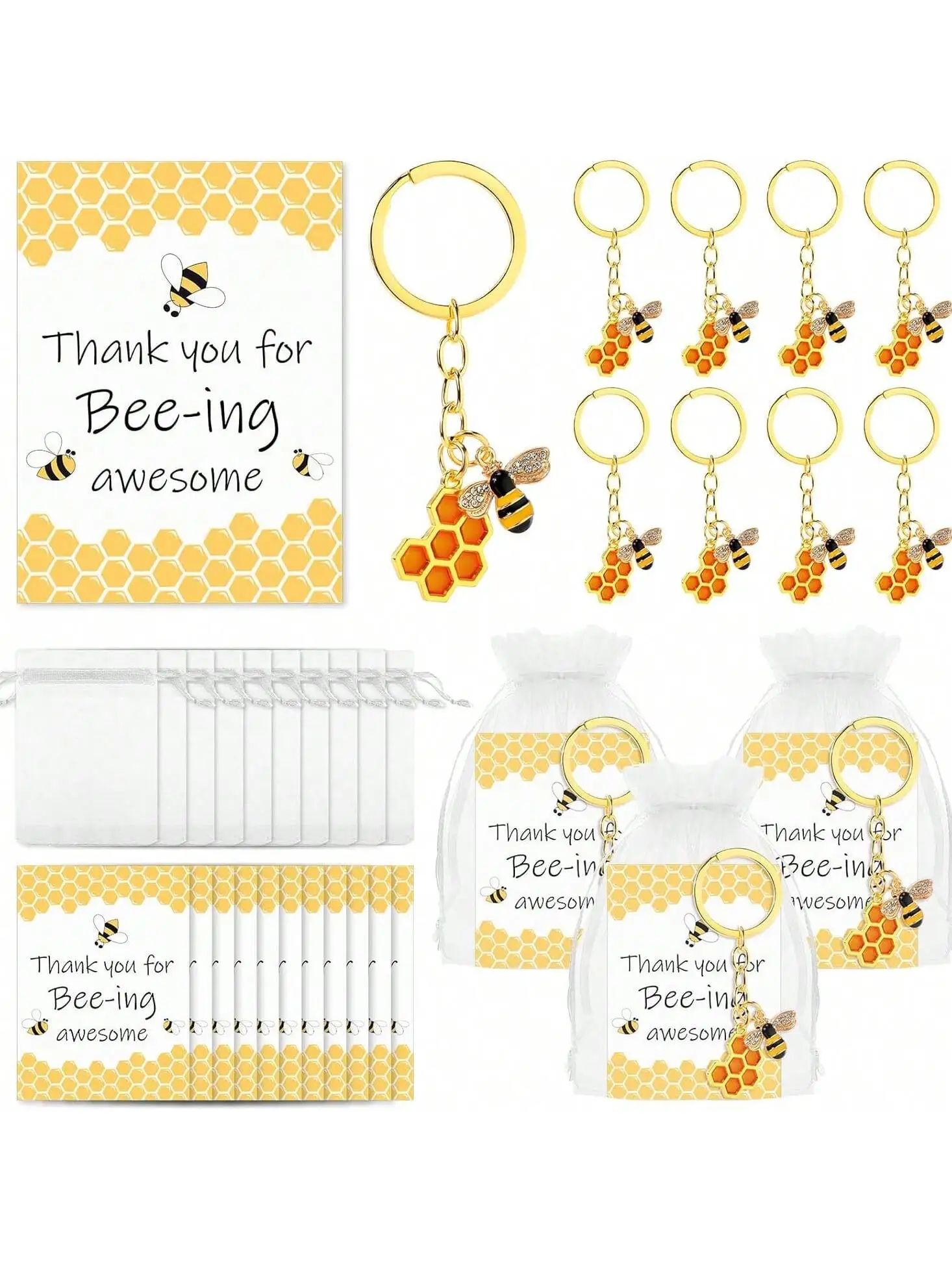 36 Uds. Regalo de agradecimiento del empleado de abeja, lindos llaveros de abeja, tarjetas de agradecimiento, bolsa de Organza, regalos inspiradores para compañeros de trabajo