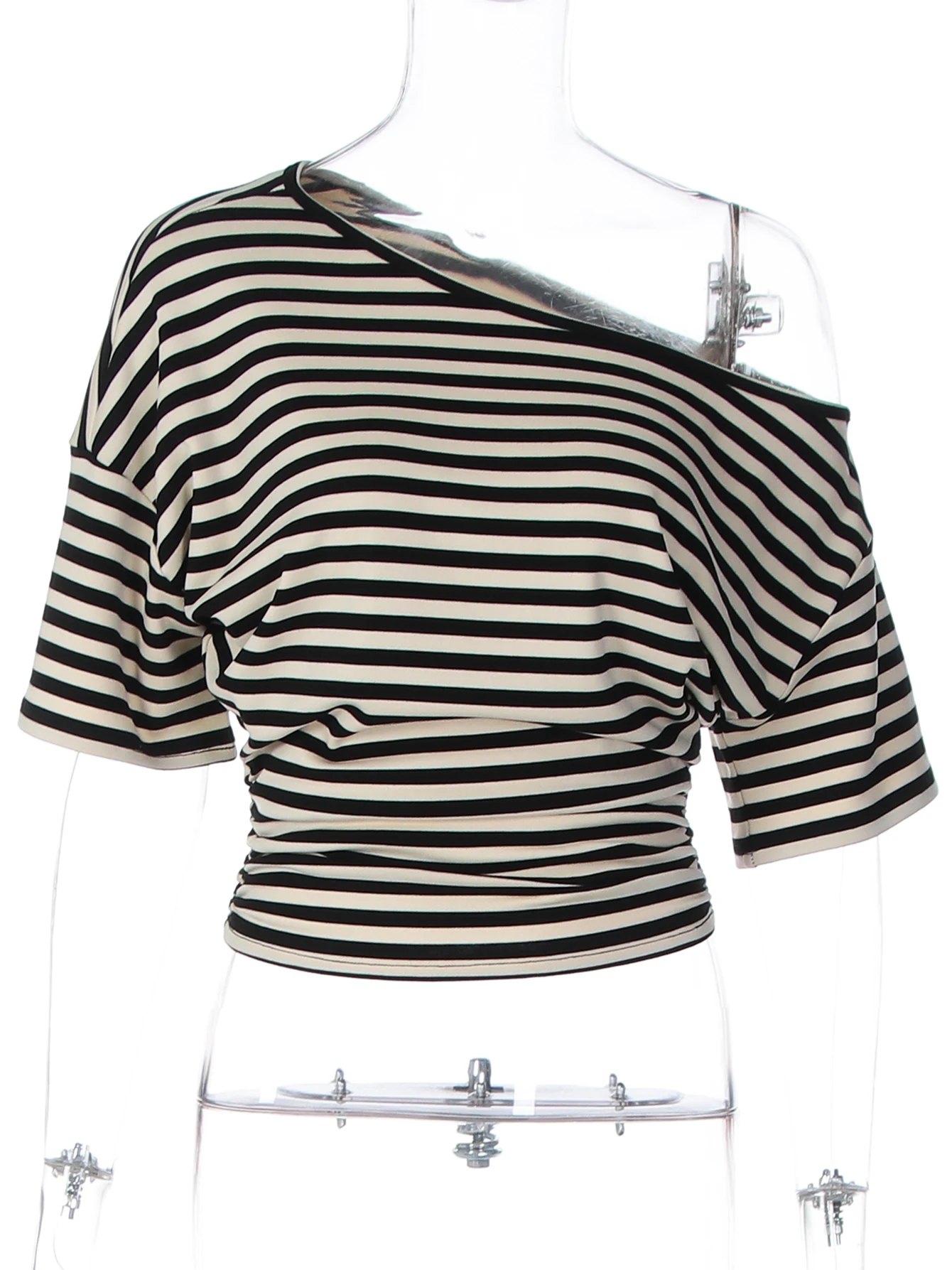 Dulzura Summer Fashion Inclined Shoulder Short Sleeves Slim Fit Striped T-Shirt… - Image 6