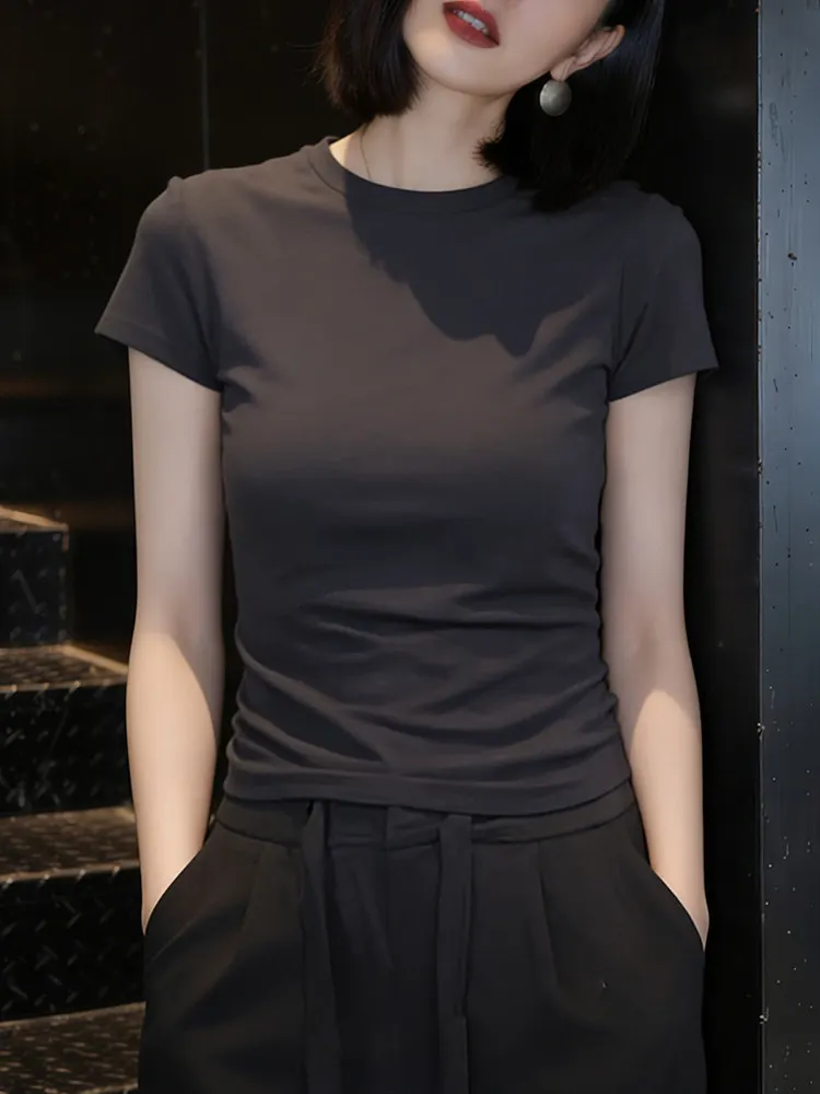 Gray Slim Fit Short Sleeve T-Shirt Women's 2026 New Spring Summer Fashion High-End Feelings Shoulder Level Top Korean Style C...