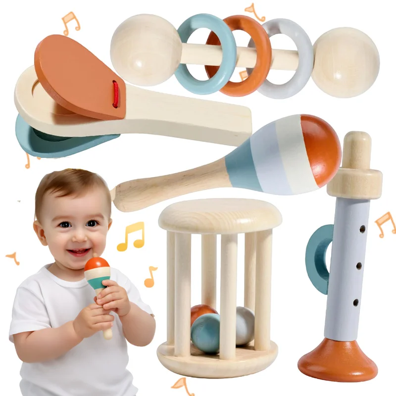 Chocalho infantil montessori de 5 peças e conjunto musical, brinquedo infantil de madeira, instrumentos de percussão para crianças, presente de aniversário pré-escolar