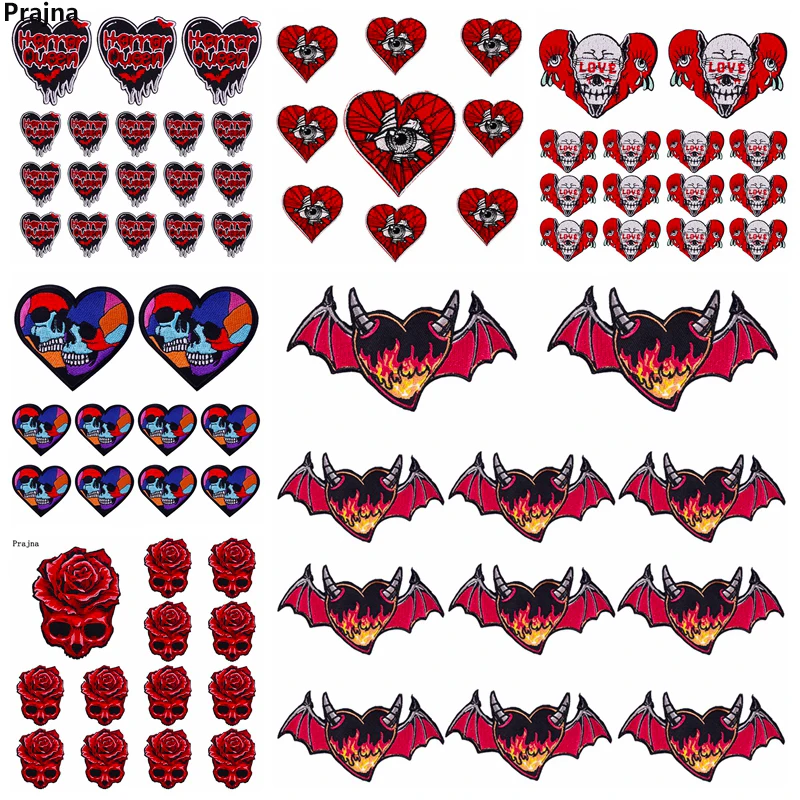 10 teile/lose Punk Liebe Herz Stickerei Patch Fledermaus/Horror Schädel Patch Eisen auf Patches für Kleidung Thermo kleber Patches nähen DIY